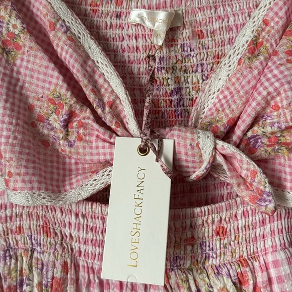 LoveShackFancy NWT Emeka Berry Picnic Pink Checkered Floral Midi Dress XS - Picture 4 of 7
